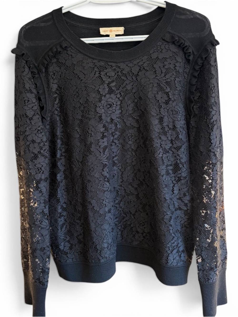Tory Burch Size XL Lace Merino Wool Ruffle Sweater Women’s Black Classic